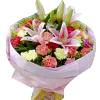 2 pink lilies, 30 colorful carnations, match greenery, pink crepe paper to wrap....