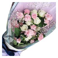 8 white roses, 11 pink carnations, match baby's breath and greenery. Simple and ...