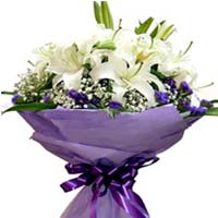 6 white lilies, match baby's breath, forget-me-not, light purple tissue paper to...