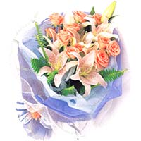 2 light pink lilies, 10 pink roses, (or red rose), match leaves.(The picture is ...