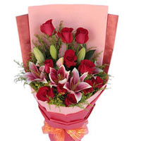 11 red roses and 3 pink perfume lilies with green ...