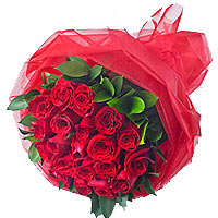 24 red roses, match greenery,red gauze package wit...