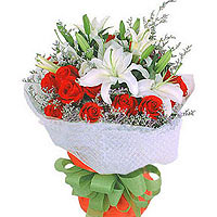 16 red roses, 3 white perfume lilies, match greene...