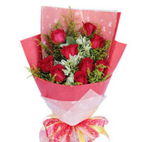 9 red roses with green stuff, red single package h...