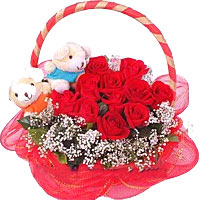Blossoming Basket of 11 Red Roses with 2 Bear Toys