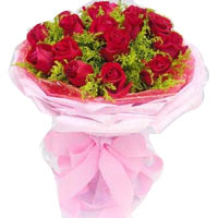 24 red roses, match greenery, pink package with pi...