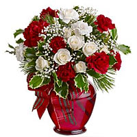 8 white roses, 5 white carnations, 8 red carnations, match greenery, baby's brea...