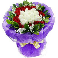 11 white roses in middle, 13 red roses outside, with babybreath, purple gauze pa...