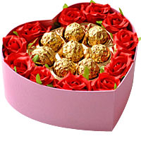 11 red roses, and 8 chocolates, in heart box....
