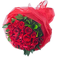 24 red roses, match greenery,red gauze package with red bowknot....