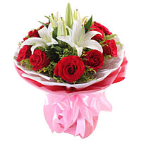 9 red roses and 2 white lilies, with greens, white and pink pacakge,hand banquet...