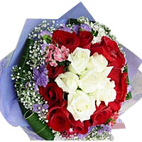 6 white roses and 12 red roses, with babybreath,forget-me-not and greens, hand b...