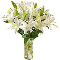5 white Lilies, arranged in a clear glass vase....