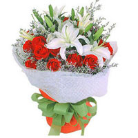 16 red roses, 3 white perfume lilies, match greenery. white and red package, gre...