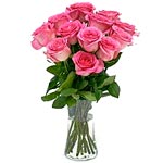 Breathtaking Display of 12 Pink Roses in a Glass Vase