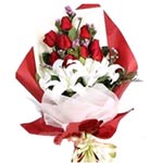 Stunning Arrangement of 9 Red Roses and 2 White Lilies