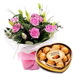 Remarkable Box of Ferrero Rocher Chocolate with 9 Pink Roses