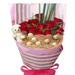 Delightful 8 Ferrero Rocher with 11 Red Roses Bouquet and Teddy Bear
