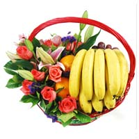 Flowers fruits basket include: kiwi,orange, apple,...