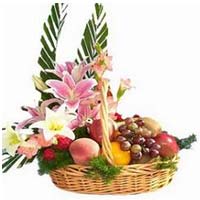 Flowers fruits basket include: apples, graps, bana...