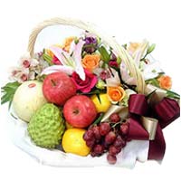 It contains seasonal fruits. Roses, lilies and mat...
