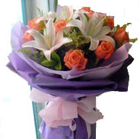 9 pink roses, 1 white perfume lily, match greenery......  to Lanxi