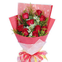 9 red roses with green stuff, red single package h......  to Dongchuan