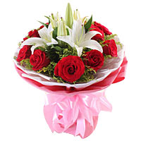 9 red roses and 2 white lilies, with greens, white......  to Fuxin