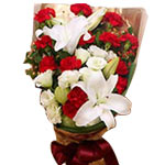 12 red carnations, 9 white roses, 1 perfume lily, ......  to Taishan