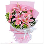 11 pink carnations and 1 pink lily, pink paper han......  to Chengdu
