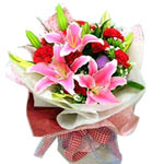 10 red carnations, 2 pink perfume lilies, match fl......  to Baoding