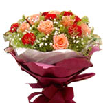 9 pink roses, 12 red carnations, baby's breath, gr......  to Dongchuan