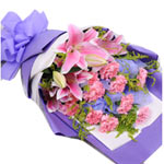 11 pink carnations and 2 pink lilies with greens,e......  to Fuding