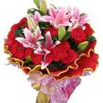 28 red carnations and 2 pink lilies with greens, r......  to Benxi