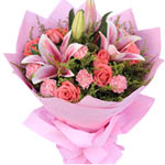  9 pink roses,9 pink carnations and 1 pink lily wi......  to Kuerle