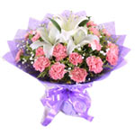  18 pink carnations and 1 white lily with babybrea......  to Pingdingshan