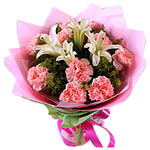 10 pink carnations, 2 white lilies, with greens, p......  to Guixi