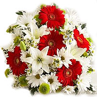  An elegant and sophisticated bouquet of red gerbera and white lilies adorned wi...