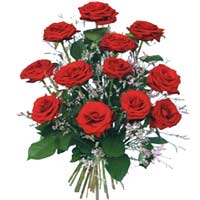 Spectacular dancing flower arrangement of 12 red roses interleaved 4 limonite pr...