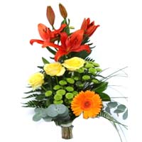 Gorgeous composition lily, 3 roses, 2 Santin, gerberas and additional green...