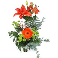 Unusual combination of a lily, 3 Santin, 1 cotton, 1 gerbera and additional gree...