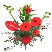 Fancy hot mix flower anthurium, 2 bamboo, lilies, 4 gerberas, greenery and compl...