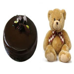 Tasty Chocolate Cake and Sweet Teddy Bear with Greetings