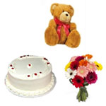 Lavish Teddy with Flowers and Cake for New Year