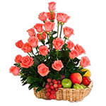 Heavenly Basket of Fresh Fruits and Arrangement of 24 Roses