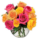 Romantic Bouquet of 12 Pink, Peach and Yellow Roses