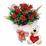 12 Red Roses with Cute Teddy