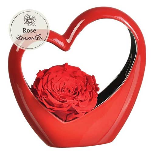 Graceful Stabilized Red Rose in a Mini Red Ceramic Heart