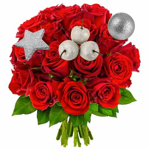 Blooming Bouquet of Red Roses with Silver Decorative