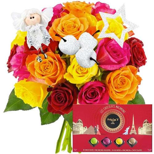 Colorful Rose Arrangement with White Decorative N Macaron Box